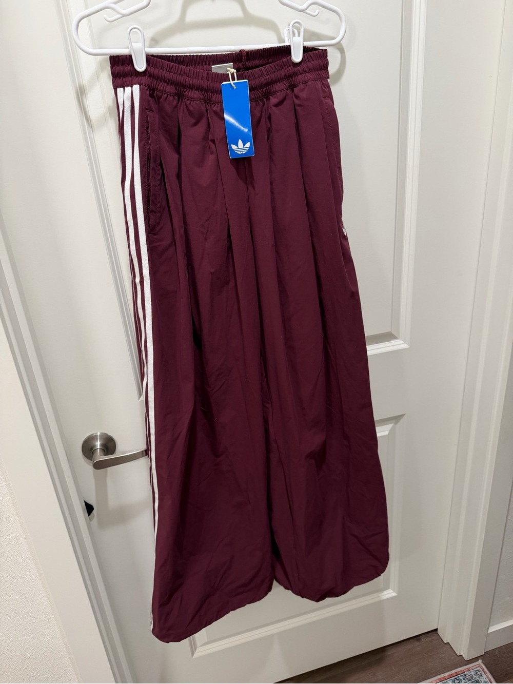 adidas Wide-Leg Track Pants in Burgundy with White Stripes